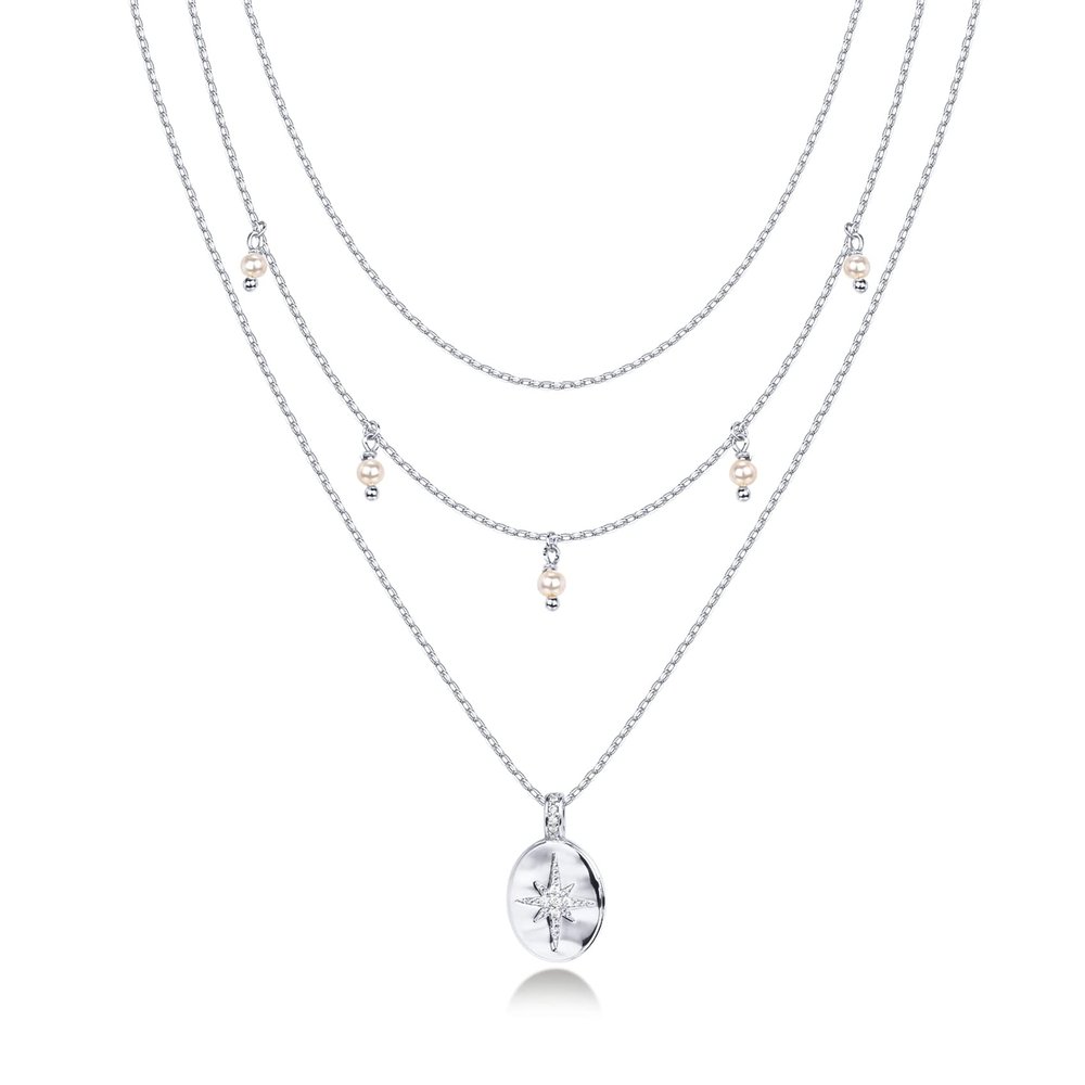 PAVOI Rhodium Plated Layered Pearl Pendant Necklace | Layering Necklaces for Women | Dainty Minimalist Design Pendant (Pearl, White Plated)