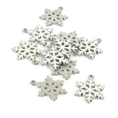 10 Silver & White Enamel 1 inch Winter Snowflake Jewelry Charms with Top Loop