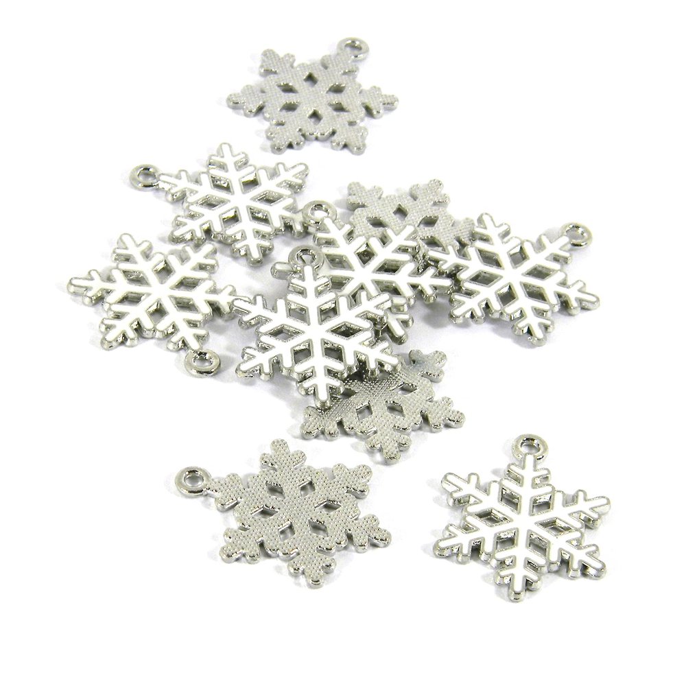 10 Silver & White Enamel 1 inch Winter Snowflake Jewelry Charms with Top Loop
