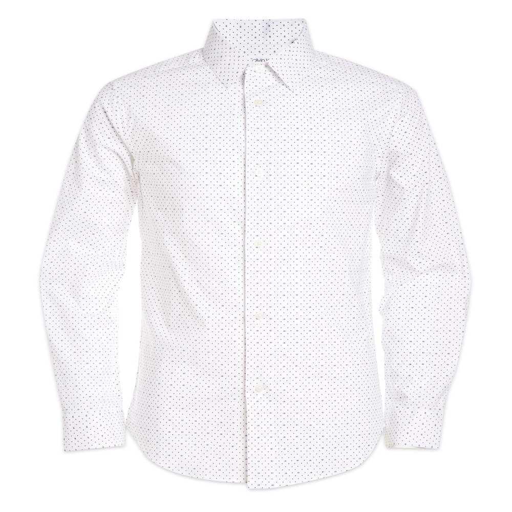 Calvin Klein Boys' Long Sleeve Patterned Dress Shirt, Button-down Style With Buttoned Cuffs, Logo White, 8 Husky