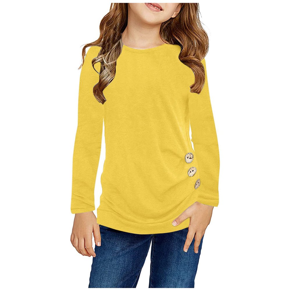 POLG Kids Girls Knot Front T-Shirts Long Sleeve Loose Tunic Tops Crewneck Sweatshirts Fall Warm Pullover Blouse Tee Shirt (Yellow, 4-5 Years)