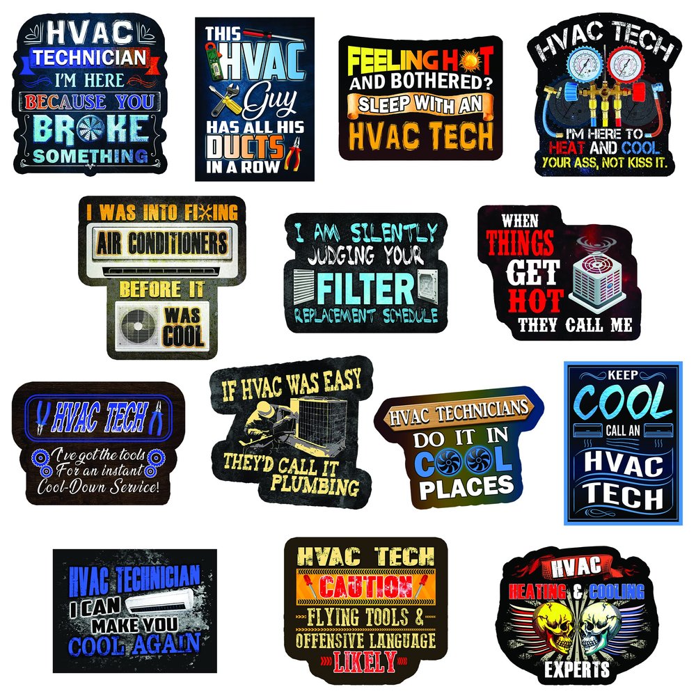 HVAC Stickers Perfect for Any HVAC tech. Our Hard hat Stickers Include Images of HVAC Tools and Make Perfect HVAC Accessories. - Our Construction Stickers are Waterproof Vinyl Stickers. Pack of 14