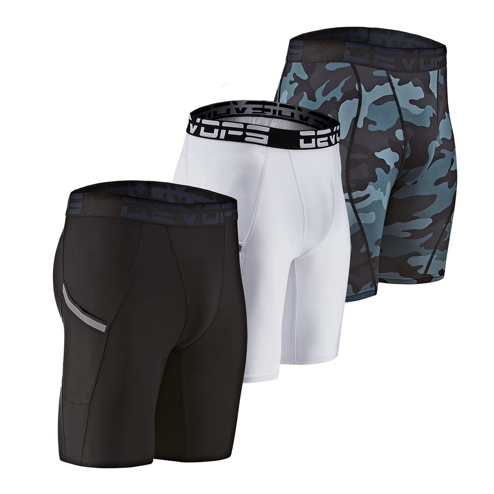 DEVOPS Men's Compression Shorts Underwear with Pocket (3 Pack) (Small, Black/Camo Black/White)