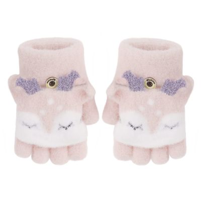 PURFUN Kids Cartoon Elk Short Knitted Gloves Toddler Girls Boys Winter Warm Soft Half Finger Gloves with Flip Top, Christmas Elk Full-Fingered Gloves Mittens Windproof Cycling Biking Ski Gloves