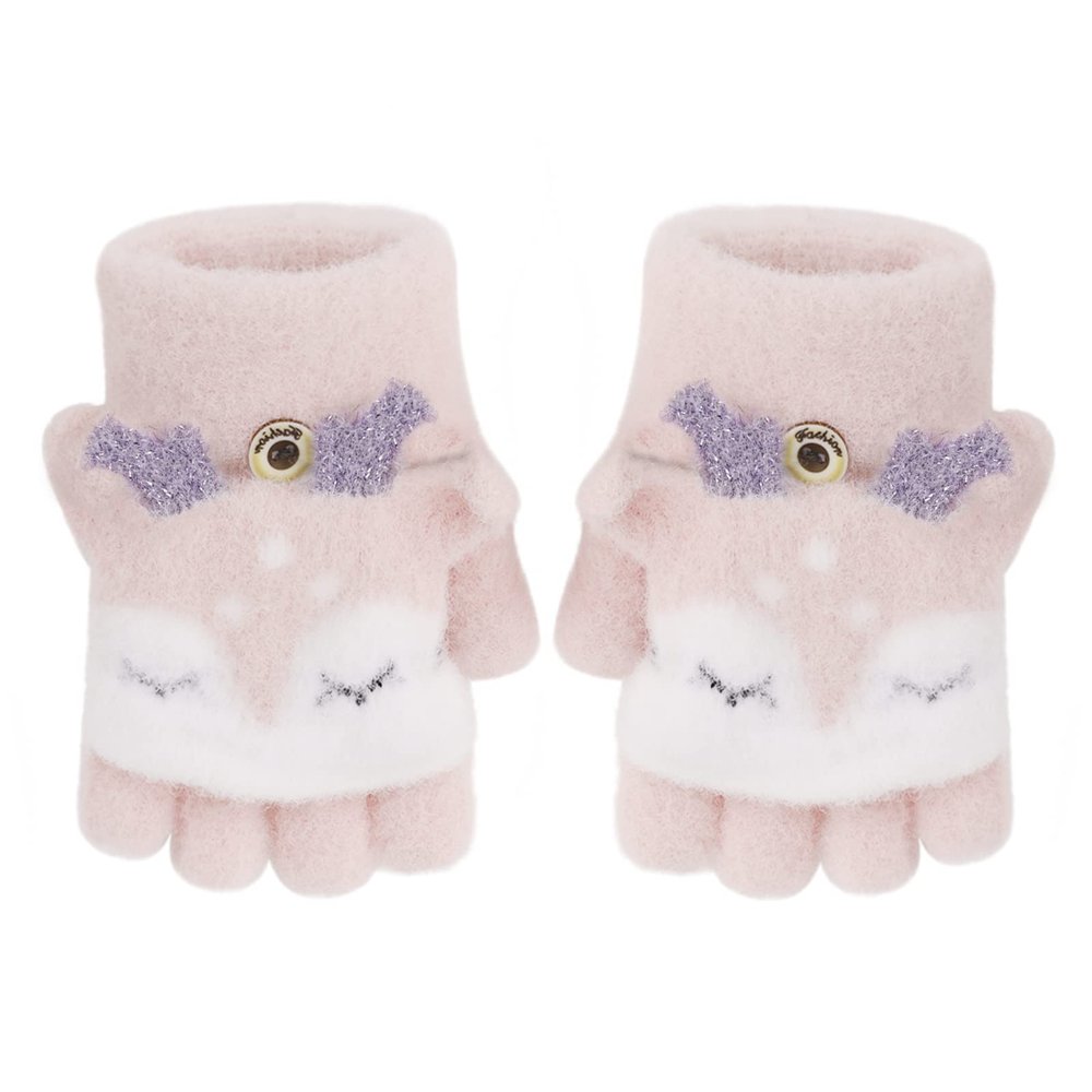 PURFUN Kids Cartoon Elk Short Knitted Gloves Toddler Girls Boys Winter Warm Soft Half Finger Gloves with Flip Top, Christmas Elk Full-Fingered Gloves Mittens Windproof Cycling Biking Ski Gloves