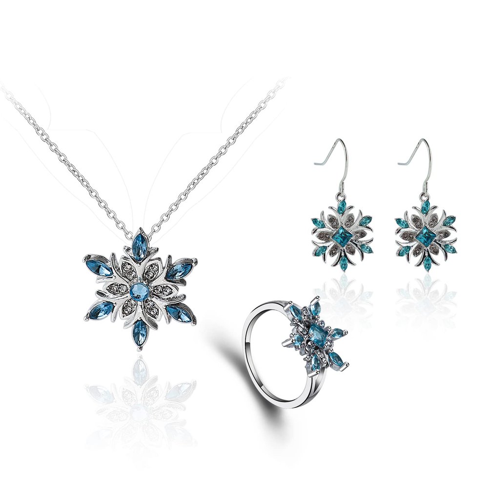 COLORFUL BLING Women's Blue Snowflake Dangle Earrings Pendant Necklace Ring Set Flower Clavicle Chain Crystal Thanksgiving Day Gift for Women Female Winter Christmas Xmas Jewelry-9