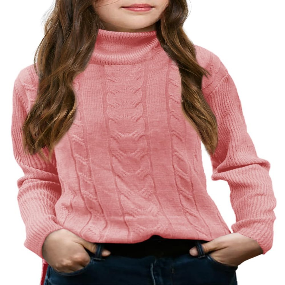 Girls Turtleneck Sweaters Pullover Kids Toddlers Cable Knit Long Sleeve Jumper Tops Pink