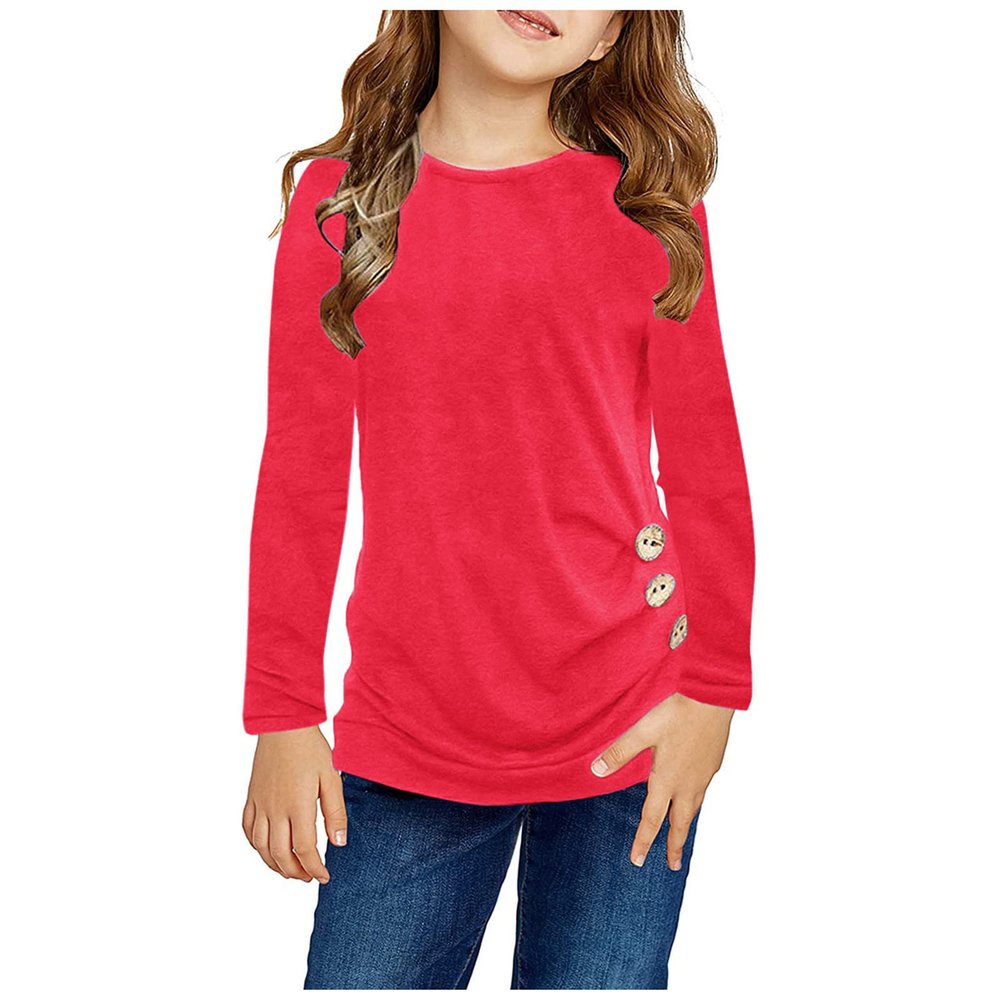Kids Girls Knot Front T-Shirts Long Sleeve Loose Tunic Tops Crewneck Sweatshirts Fall Warm Pullover Blouse Tee Shirt (Red, 6-7 Years)
