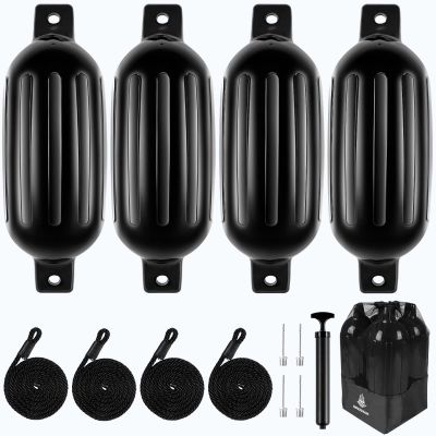 Dreizack Boat Fenders 4 Pack 6.5"x23", Boat Bumpers for Docking with 4 Ropes, Inflatable Ribbed Marine Pontoon Boat Fender Bumper for Docks with 1 Storage Bag, 1 Air Pump and 4 Needles, Black
