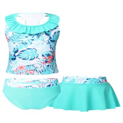 Manyakai Kids Girls Bathing Suit 3 Piece Ruffle Tankini Set Floral Beach Swimsuit Summer Swimwear Green 4 Years