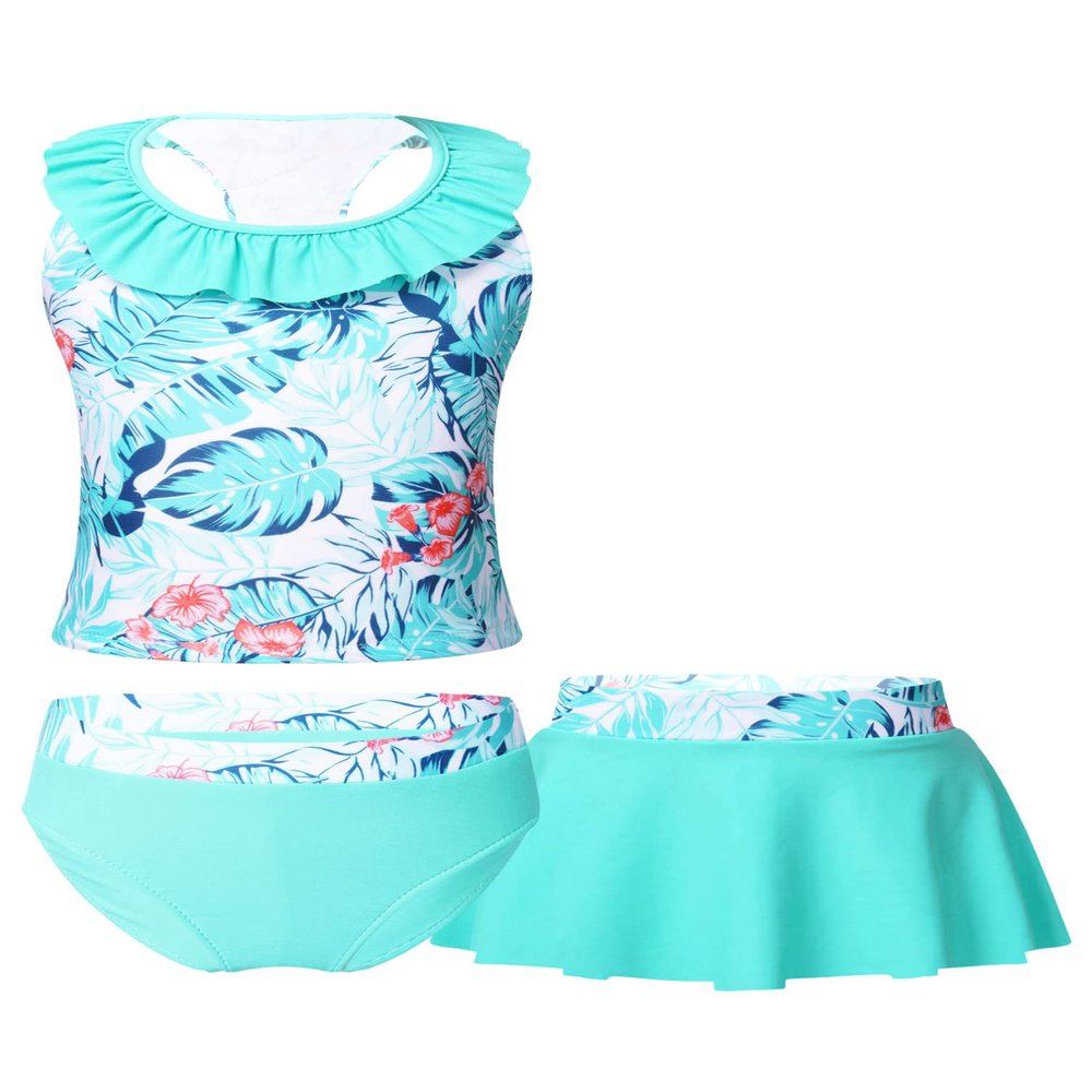 Manyakai Kids Girls Bathing Suit 3 Piece Ruffle Tankini Set Floral Beach Swimsuit Summer Swimwear Green 4 Years