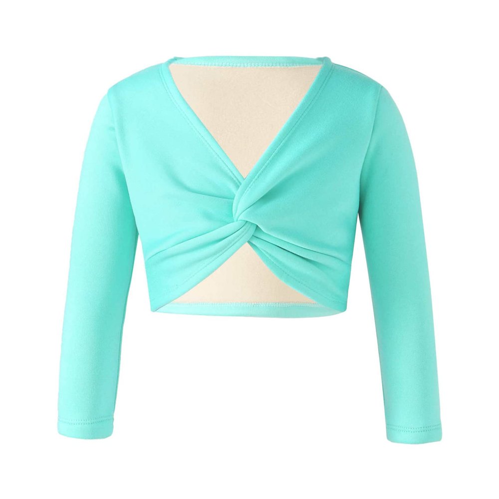 easyforever Kids Girl's Thick Knot Ruched Dance Crop Tops Ballet Wrap Shrug Sweater Long Sleeve Wrap Tops Sweatshirt Mint Green 9-10 Years