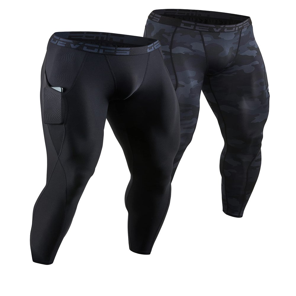 DEVOPS 2 Pack Men's Compression Pants Athletic Leggings with Pocket (Large, Black/Camo Black)