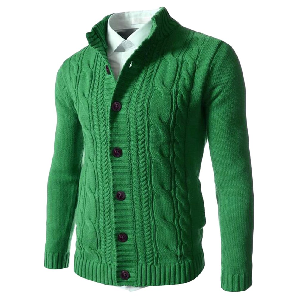 Men's Twisted Button Down Sweater Long Sleeve Stand Collar Thermal Cardigan Fashion Casual Slim Fit Cable Knitwear (Green,X-Large)
