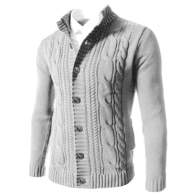 Men's Twisted Button Down Sweater Long Sleeve Stand Collar Thermal Cardigan Fashion Casual Slim Fit Cable Knitwear (White,Large)