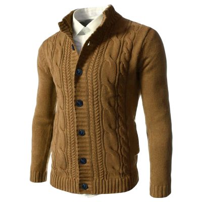 Kaxiya2021 Men's Twisted Button Down Sweater Long Sleeve Stand Collar Thermal Cardigan Fashion Casual Slim Fit Cable Knitwear (Khaki,XX-Large)
