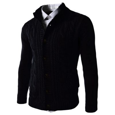 Kaxiya2021 Men's Twisted Button Down Sweater Long Sleeve Stand Collar Thermal Cardigan Fashion Casual Slim Fit Cable Knitwear (Black,X-Large)