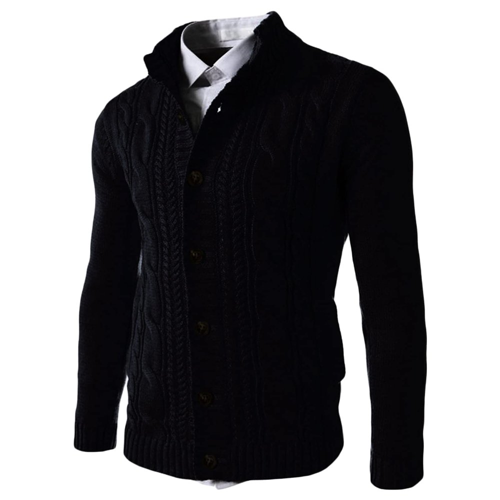 Kaxiya2021 Men's Twisted Button Down Sweater Long Sleeve Stand Collar Thermal Cardigan Fashion Casual Slim Fit Cable Knitwear (Black,X-Large)