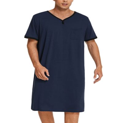 Ekouaer Pajama Shirts Men's Short Sleeve Nightgown Henley Nightshirt V Neck Sleep Shirt Lounger,Navy Blue,XXL