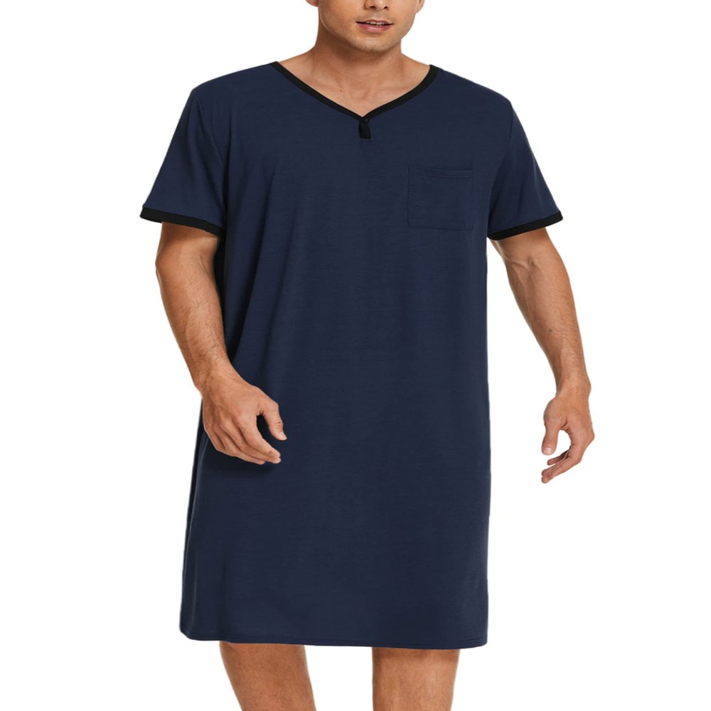Ekouaer Pajama Shirts Men's Short Sleeve Nightgown Henley Nightshirt V Neck Sleep Shirt Lounger,Navy Blue,XXL