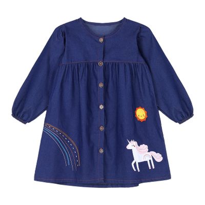 Agoky Kids Girls Solid Long Sleeve Button Down Shirt Dress with Cute Cartoon Pattern Print Outdoor Casual Playwear Blue 2-3 Years