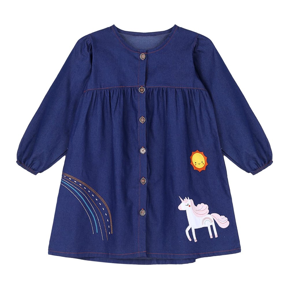 Agoky Kids Girls Solid Long Sleeve Button Down Shirt Dress with Cute Cartoon Pattern Print Outdoor Casual Playwear Blue 2-3 Years