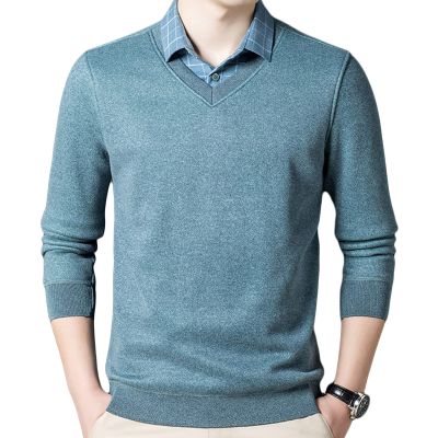 Men's Fleece V Neck Sweater Casual Slim Contrast Collar Pullover Top Lightweight Long Sleeve Basic Lapel Pullover (Green,XX-Large)