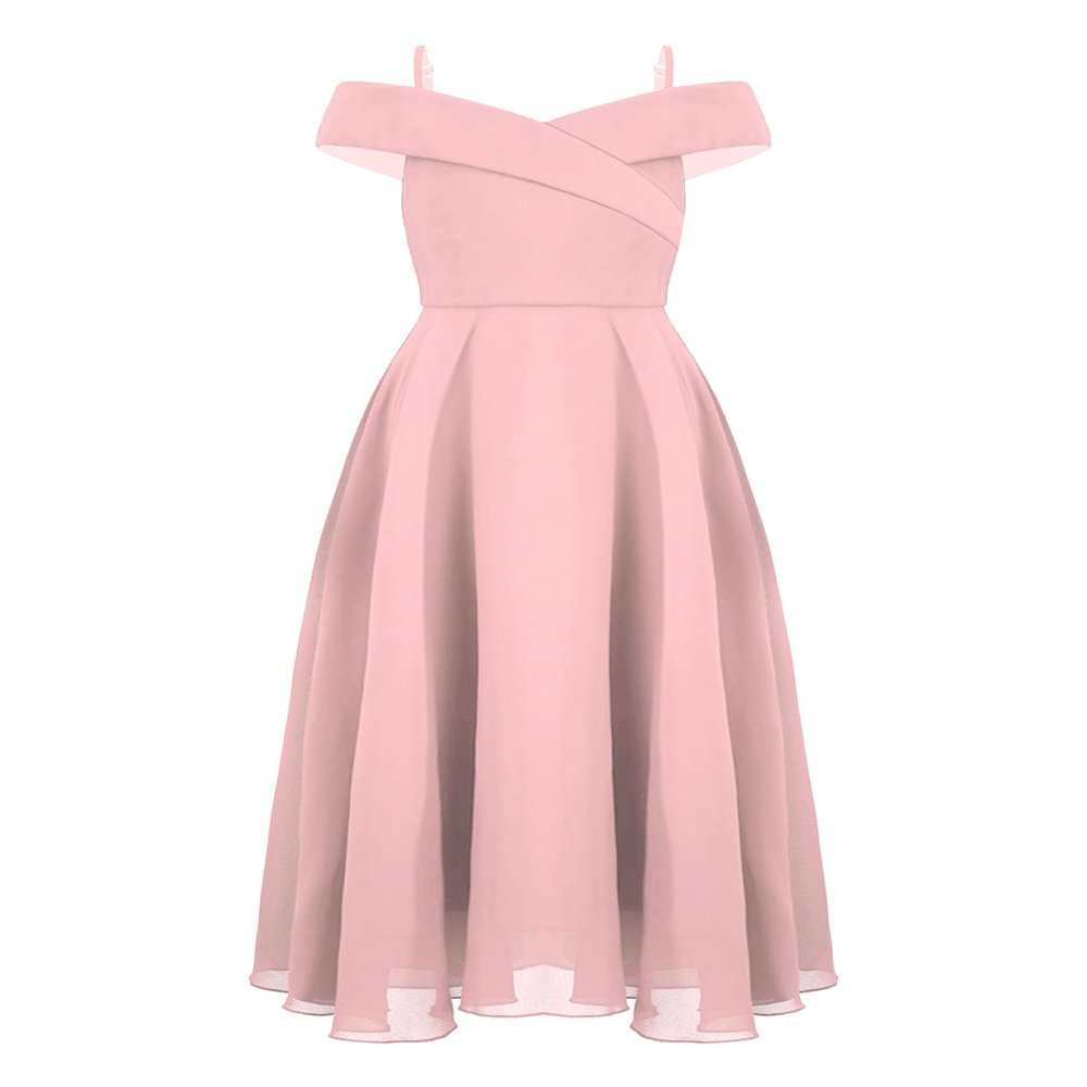 Duoremi Kids Flower Girls Elegant Chiffon Off Shoulder Bridesmaid Wedding Dress Birthday Party A Line Evening Dress Pink 8 Years