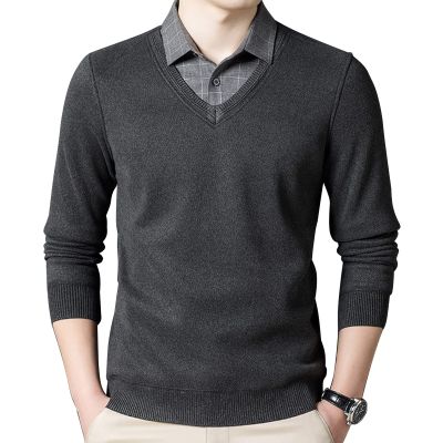Men's Fleece V Neck Sweater Casual Slim Contrast Collar Pullover Top Lightweight Long Sleeve Basic Lapel Pullover (Black,X-Large)