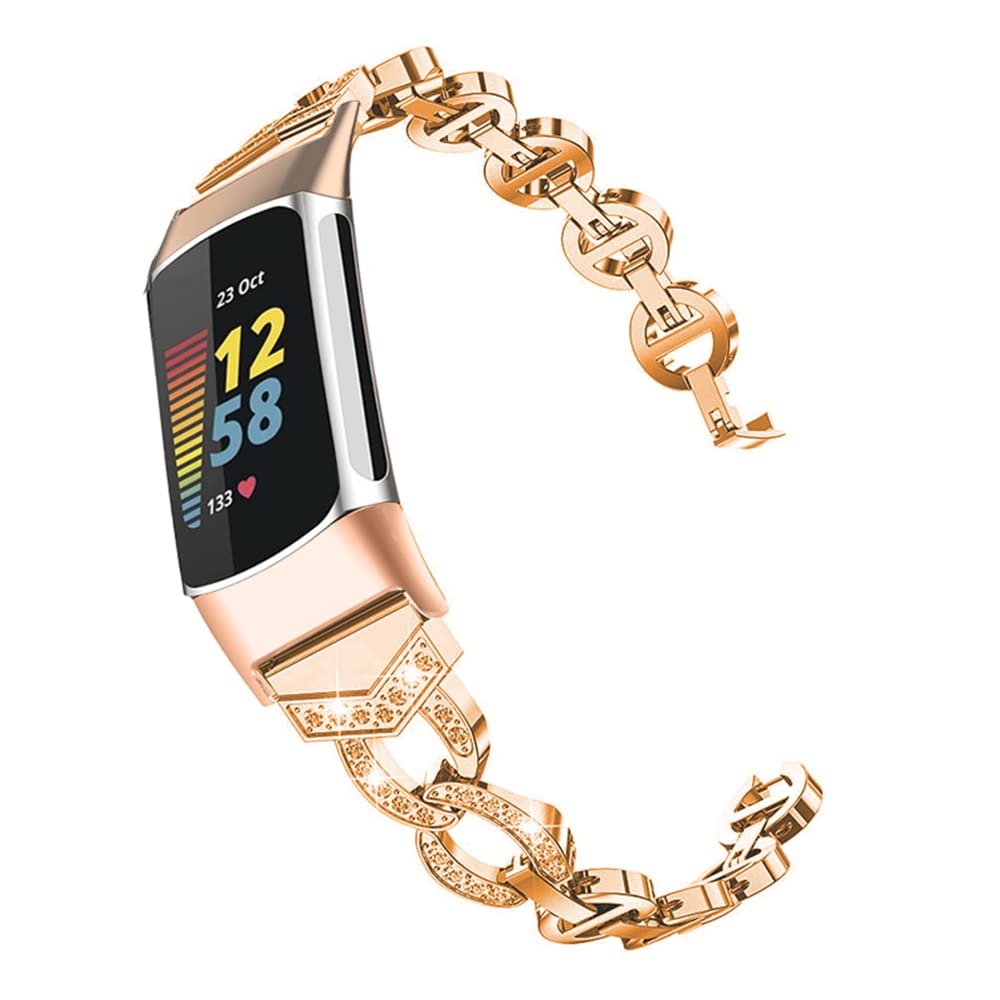 AISPORTS Compatible with Fitbit Charge 6/Charge 5 Band for Women, Slim Crystal Bling Glitter Diamond Rhinestones Metal Sport Wristband Bracelet Replacement Band for Fitbit Charge 6/Charge 5