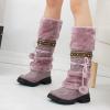 Bcshiye Women's Winter Snow Boots Retro Mid-Calf Fur Lined Warm Shoes Fashion Cold-Resistant Outdoor Knee High Boots view 4