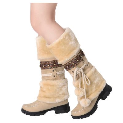 Bcshiye Women's Winter Snow Boots Retro Mid-Calf Fur Lined Warm Shoes Fashion Cold-Resistant Outdoor Knee High Boots