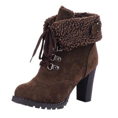 Bcshiye Women Winter Snow Boots Cold Weather with Fur Warm Outdoor Lace up Boots Chunky High Heel Ankle Booties Shoes