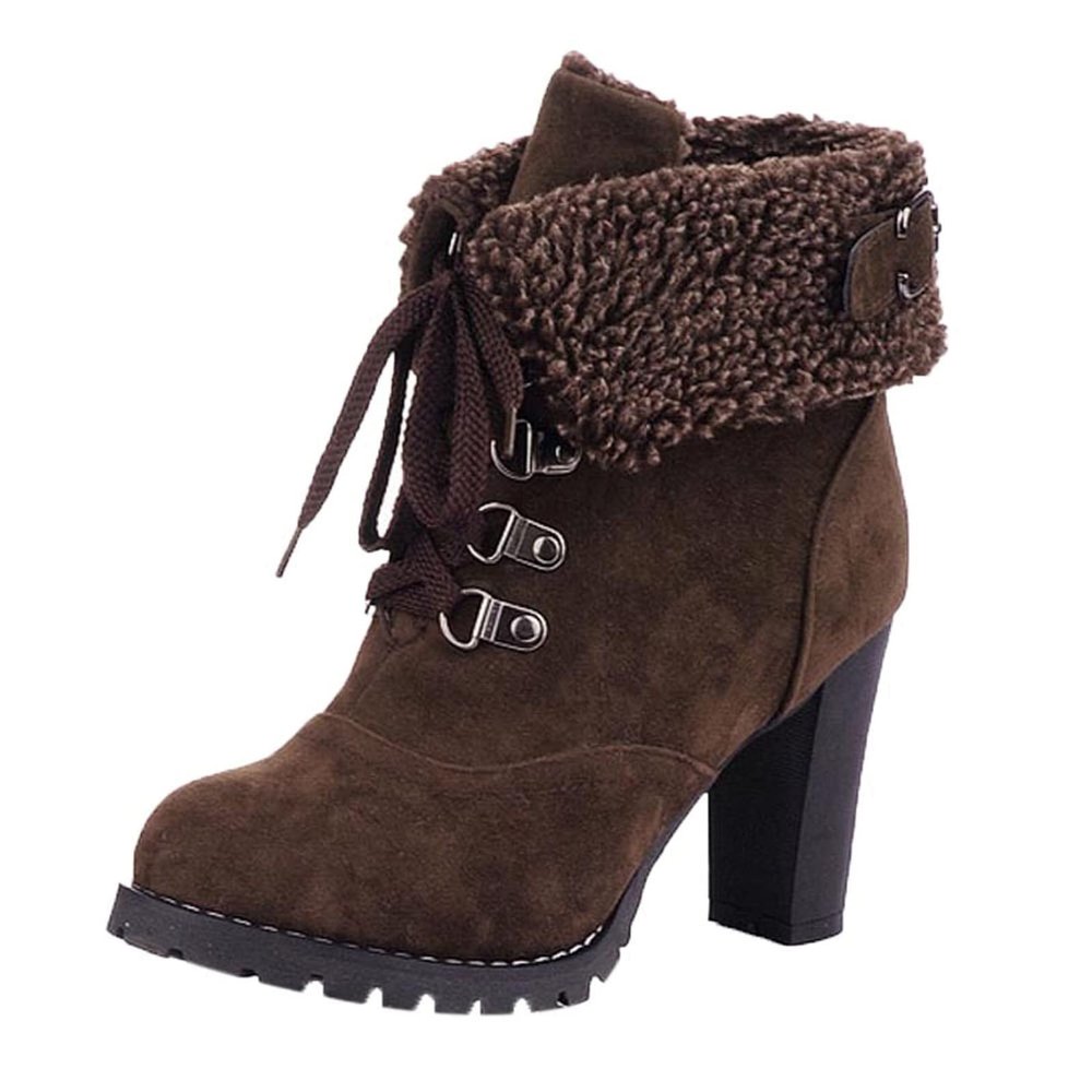 Bcshiye Women Winter Snow Boots Cold Weather with Fur Warm Outdoor Lace up Boots Chunky High Heel Ankle Booties Shoes