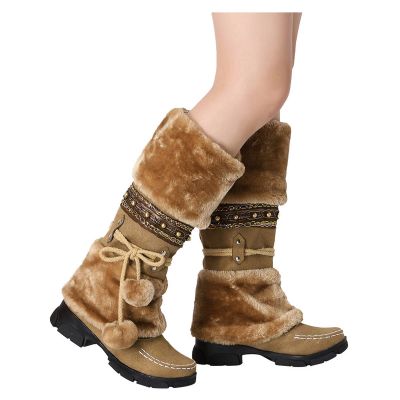 Bcshiye Women's Winter Snow Boots Retro Mid-Calf Fur Lined Warm Shoes Fashion Cold-Resistant Outdoor Knee High Boots