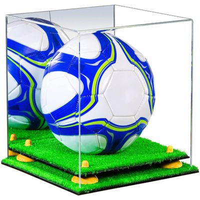 Better Display Cases Acrylic Display Case for Collectibles, Full Size Soccer Ball Display Case,Yellow Risers & Turf Base, Handcrafted Showcase Box.DIM;9.75" L x 9.75" W x 9.75" H. (B02/A027)