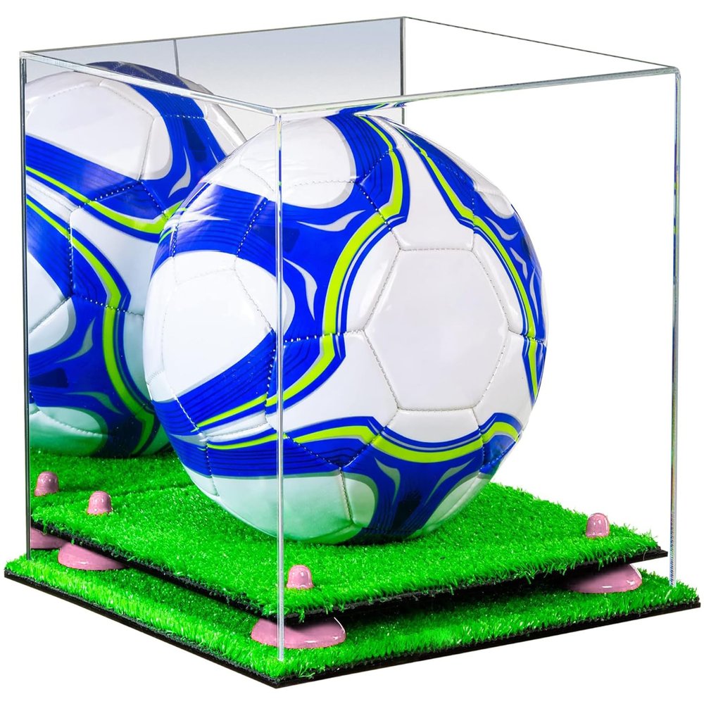 Better Display Cases Acrylic Display Case for Collectibles, Full Size Soccer Ball Display Case,Pink Risers & Turf Base, Handcrafted Showcase Box.DIM;9.75" L x 9.75" W x 9.75" H. (B02/A027)