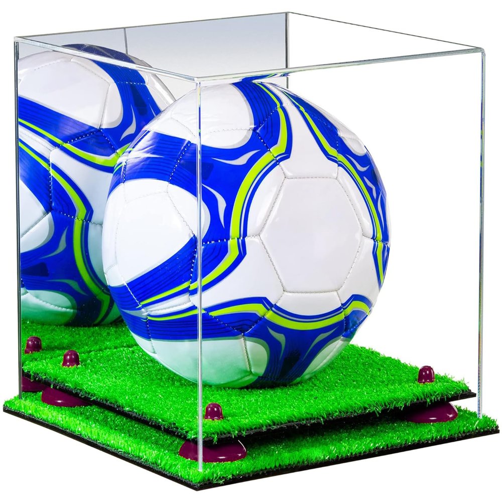 Better Display Cases Acrylic Display Case for Collectibles, Full Size Soccer Ball Display Case,Purple Risers & Turf Base, Handcrafted Showcase Box.DIM;9.75" L x 9.75" W x 9.75" H. (B02/A027)