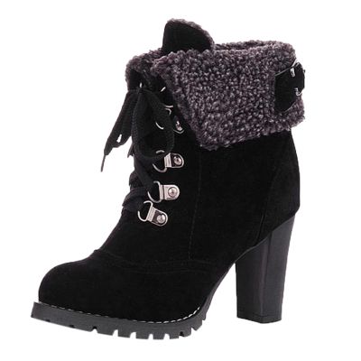 Bcshiye Women Winter Snow Boots Cold Weather with Fur Warm Outdoor Lace up Boots Chunky High Heel Ankle Booties Shoes