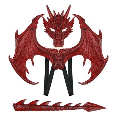 LIDENGER Dragon Wings Mask Tail Costume Set for Kids Realistic Dragon Cosplay Props for Halloween Dress-Up Parties Role Play (Red)