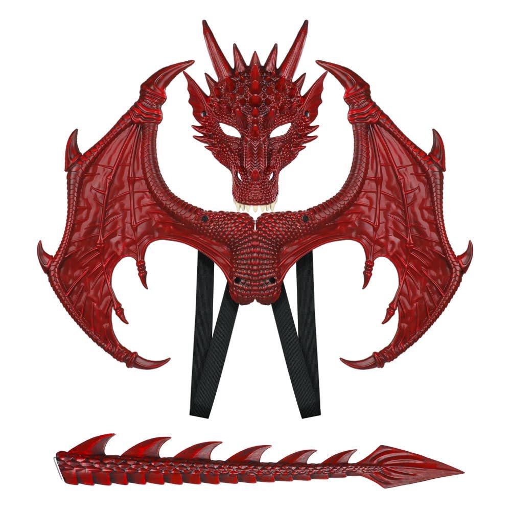LIDENGER Dragon Wings Mask Tail Costume Set for Kids Realistic Dragon Cosplay Props for Halloween Dress-Up Parties Role Play (Red)