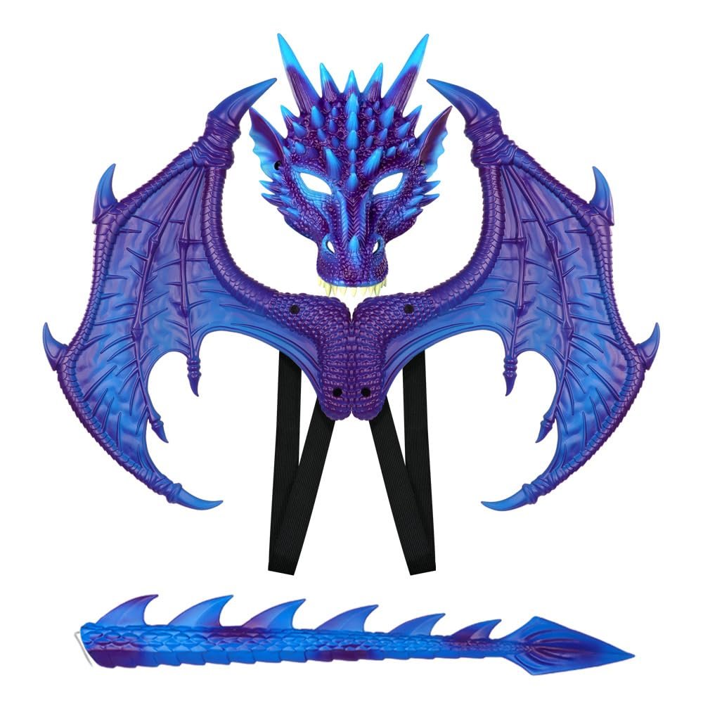 LIDENGER Dragon Wings Mask Tail Costume Set for Kids Realistic Dragon Cosplay Props for Halloween Dress-Up Parties Role Play (Purple)