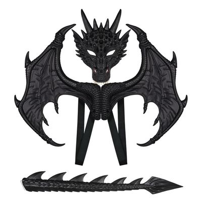 LIDENGER Dragon Wings Mask Tail Costume Set for Kids Realistic Dragon Cosplay Props for Halloween Dress-Up Parties Role Play (Black)