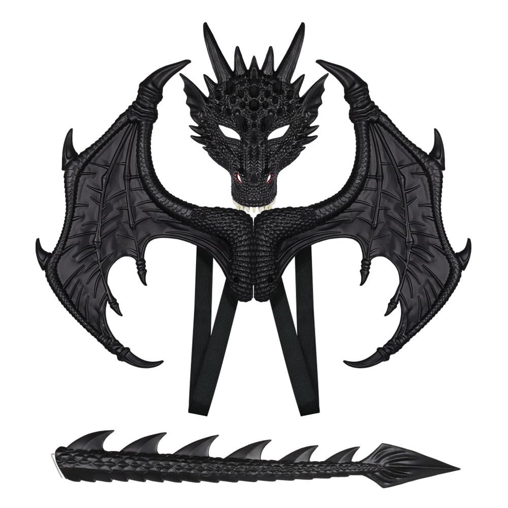 LIDENGER Dragon Wings Mask Tail Costume Set for Kids Realistic Dragon Cosplay Props for Halloween Dress-Up Parties Role Play (Black)