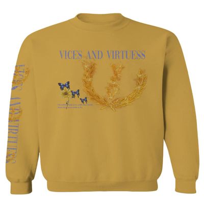 Aesthetics Graphic Logo fire Butterfly Sunflower Vintage Hip hop Fashion Men's Crewneck Sweatshirt (Gold Large)