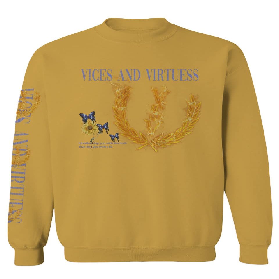 Aesthetics Graphic Logo fire Butterfly Sunflower Vintage Hip hop Fashion Men's Crewneck Sweatshirt (Gold Large)