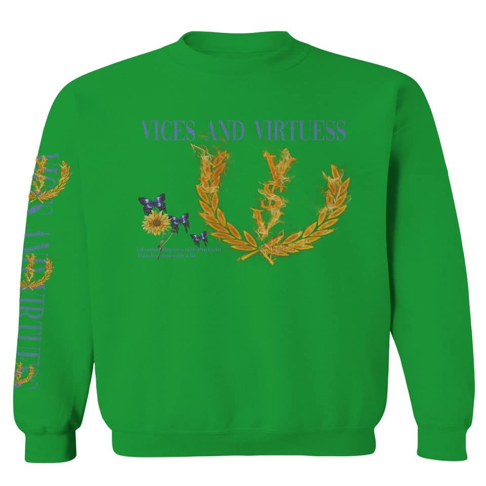 Aesthetics Graphic Logo fire Butterfly Sunflower Vintage Hip hop Fashion Men's Crewneck Sweatshirt (Irish Green X-Large)