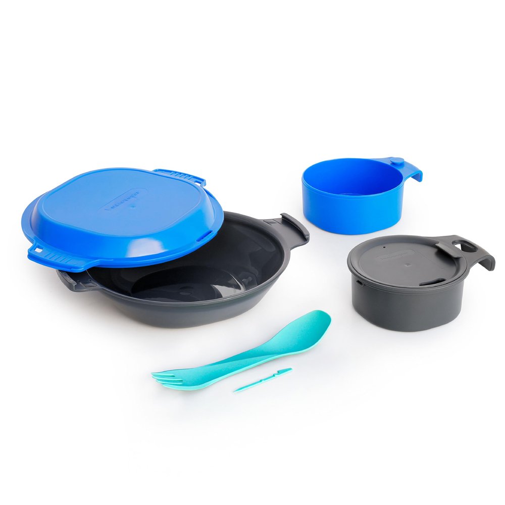 humangear GoKit Deluxe: 7-Tool Lightweight Camping Mess Kit with Portable Insulated Cup, Camping Plate, Bowl, Utensil, and Toothpick - Ideal On-The-Go Camping Solution, Charcoal/Blue