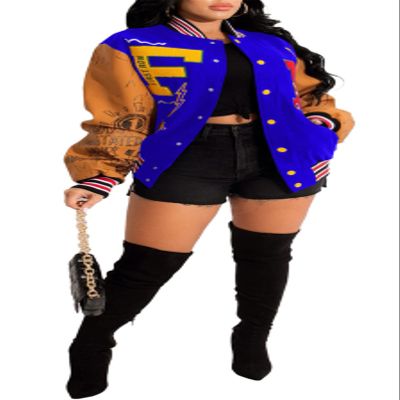 Recious Womens Long Sleeve Printed Paneled Button Bomber Baggy Baseball Jacket Coat Outerwear Blue