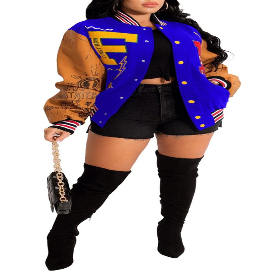 Recious Womens Long Sleeve Printed Paneled Button Bomber Baggy Baseball Jacket Coat Outerwear Blue